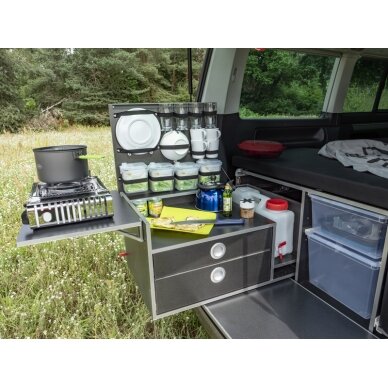 REIMO CampingBox L-CM, skirta VW T6.1/T6/T5 Multivan + California Beach, su originaliu 3 vietų suoliuku 1